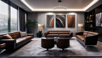 Luxurious lounge featuring dark leather furniture, abstract paintings, and refined lighting, creating sophisticated atmosphere