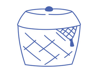 Doodle isolated illustration of decorative basket with blanket corner. Blue outline, hand-drawn vector for cozy interior design, home organization, or textile decor themes.