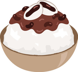 Patbingsu, a Korean summer dessert. A snack topped with shaved ice and sweet red beans.