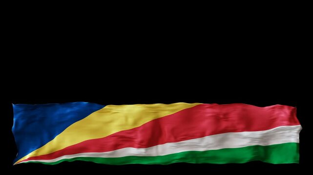 Stylized flag of Seychelles waving in the wind, isolated on transparent background, with alpha channel. Animated footer. Suitable for patriotic themes or national event promotions. Motion graphic.