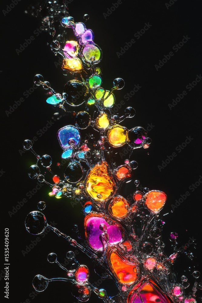 Poster vibrant stream of colorful bubbles and liquid gems captured against a dark background, showcasing a 