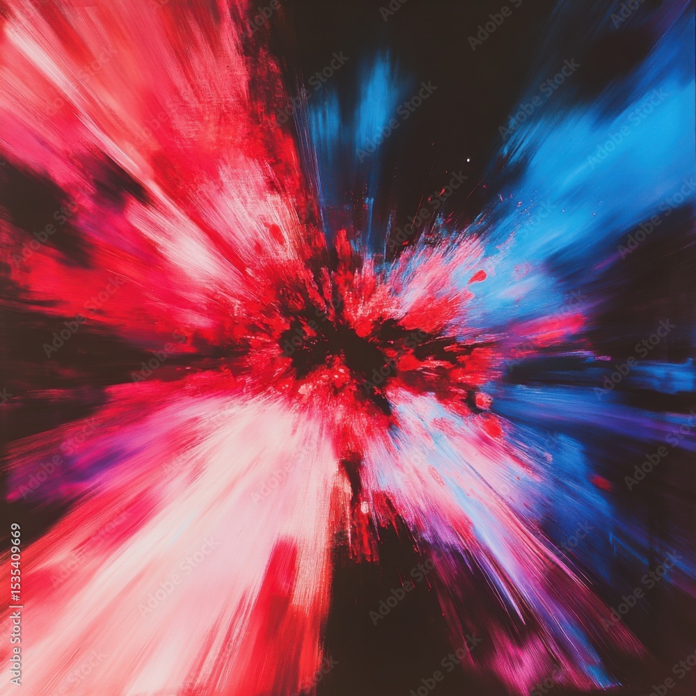 Poster a captivating abstract explosion of color with dynamic red and blue tones creating a striking visual