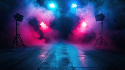Neon lights and spotlights create a dynamic contrast on the dark street, with smoke swirling around, evoking a moody and edgy atmosphere in the studio.