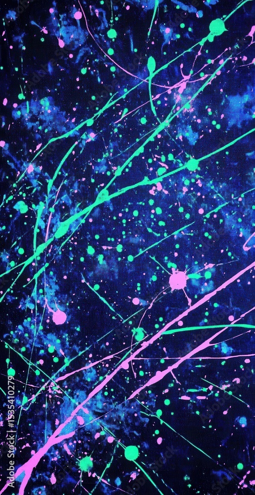 Poster vibrant abstract splatter art with neon pink and green paint on a dark background creating a dynamic