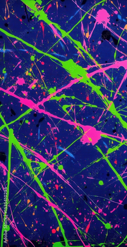 Poster vibrant abstract expressionism: a kaleidoscope of neon paint splashes on a deep blue canvas creating