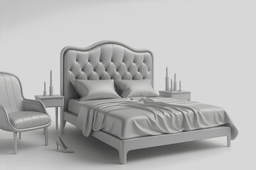 Minimal 3D Bedroom Model – Grayscale Render of Tufted Bed and Armchair