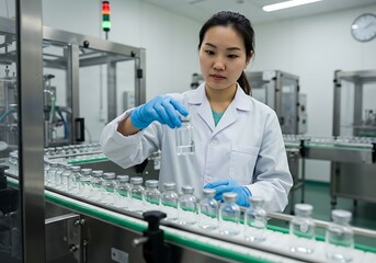 Pharmacist scientist with sanitary gloves examining medical vials on production line conveyor belt in pharmaceutical healthcare factory manufacturing prescription drugs medication mass production 
