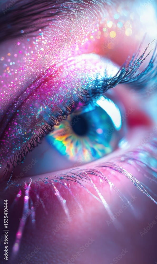 Poster a captivating close-up of an eye sparkling with multicolored glitter, emphasizing colorful reflectio