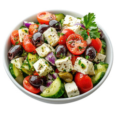Fresh vegetable salad with feta cheese, olives, and herbs mixed in a bowl, isolated on transparent background, cutout PNG