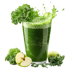 Fresh green smoothie with kale and apple swirling in a glass isolated on transparent background, cutout PNG