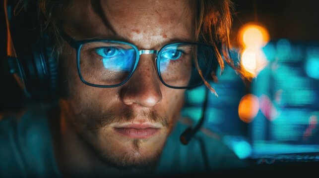 A gamer or programmer with a headset, with code reflected in his glasses.