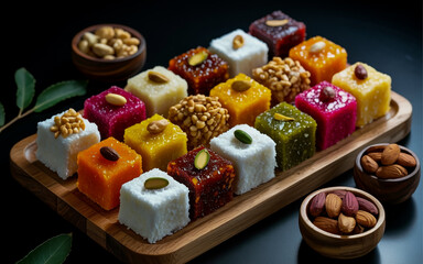 A professional food photography shot of colorful Middle Eastern sweets arranged on a wooden rectangular serving board against a black background.