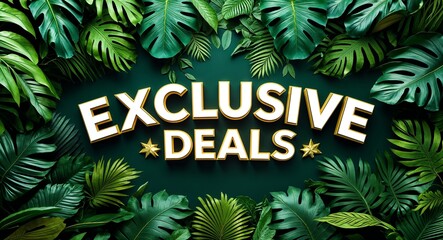 exclusive deals lettering on jungle leaves background