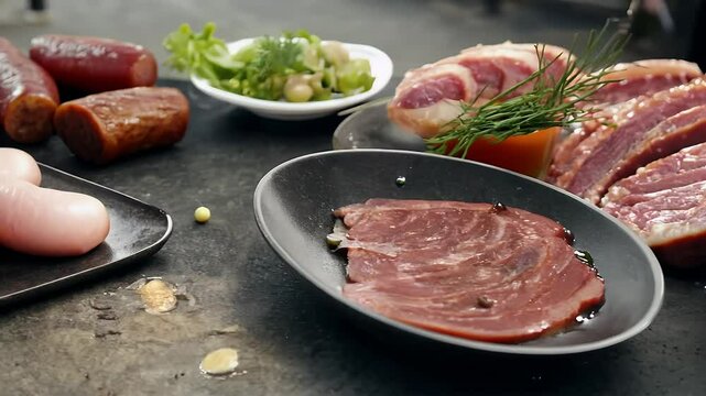 Rustic slate tabletop brims artisan sausages smoked links peppered hams honeyed bacon garnished olives bs tangy dips mouth watering K close ups sell gourmet charcuterie selections butchers recipe