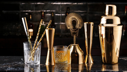 Golden cocktail tools arranged on black marble counter, showcasing elegance and sophistication in barware. Perfect for cocktail enthusiasts