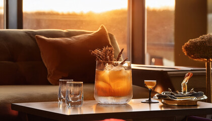 Cozy lounge setting featuring stylish cocktail arrangement with soft velvet textures, illuminated by warm glow of golden hour