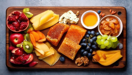 Gourmet breakfast board featuring honeycomb, assorted fruits, cheeses, and nuts, beautifully arranged for delightful presentation