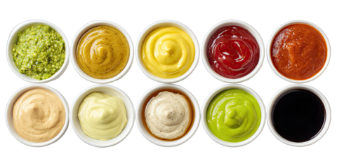 Various dips and sauces in small bowls