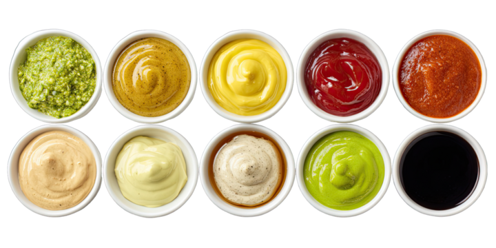 Various dips and sauces in small bowls