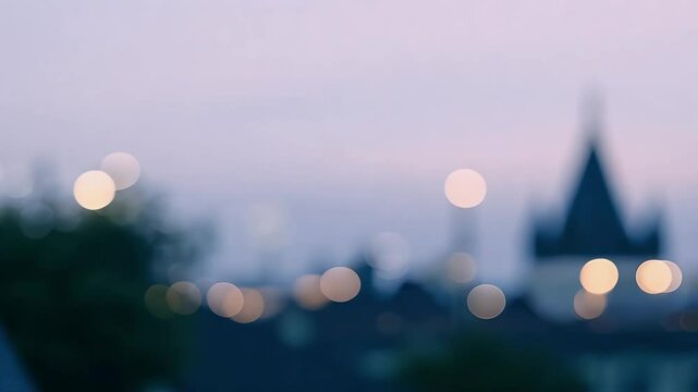 Dream soft cityscape drifts out focus pastel bokeh lights shimmering like distant constellations calming K footage conjures urban tranquility ideal wellness vlogs ambient background loops luxury real