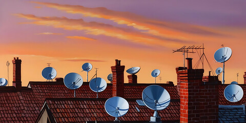 Several rooftop satellite dishes and antennas are silhouetted against an orange and purple sunset sky.



