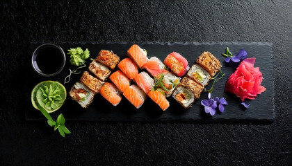 Gourmet sushi platter arranged on black slate with edible flowers, showcasing minimalist Japanese cuisine and vibrant colors