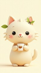 A cute, cartoon cat holding a cup of coffee.