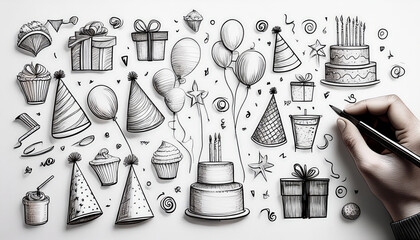 Hand drawn doodles of birthday party elements including cakes, balloons, gifts, and decorations create festive atmosphere