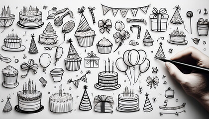 Hand drawn doodles of birthday party elements, including cakes, balloons, and decorations, create festive atmosphere