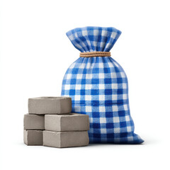 Bag of cement with bricks white background, construction material for building projects, sturdy and practical, with checkered