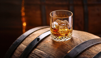 Whiskey glass filled with golden liquid rests on rustic oak barrel, evoking warm and inviting atmosphere