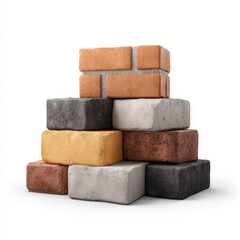 Stacked bricks various colors including red, yellow, gray, black, and orange, arranged pyramid shape white background