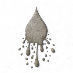 Concrete powder shaped like water droplet with splashes around it, white background, creating textured and artistic visual