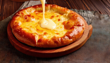 Delicious Georgian khachapuri with oozing cheese on wooden board, showcasing its golden crust and rich filling, perfect for sharing