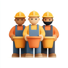 Construction workers figurines with helmets and toolboxes, representing teamwork and manual labor, set against white background