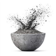Gray powder splashing out of stone bowl, creating dynamic and energetic scene with dust particles flying in various directions