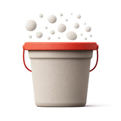 Minimalist illustration of bucket with red handle, filled with bubbles or foam, against white background, evoking clean