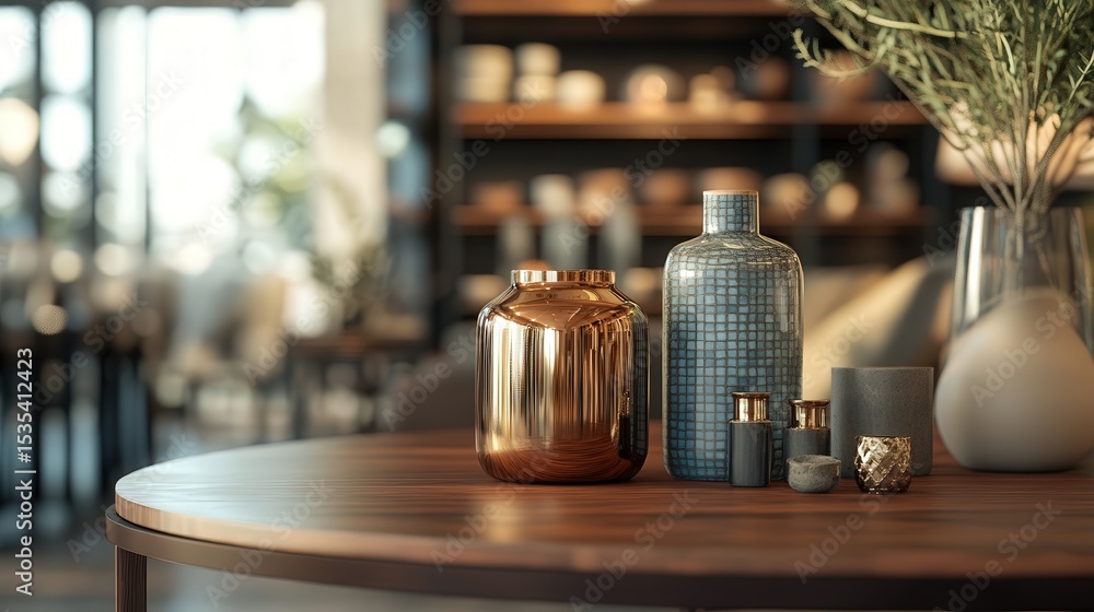 Poster the blurred bokeh background and dark wooden table provide a stylish and clean display area, perfect