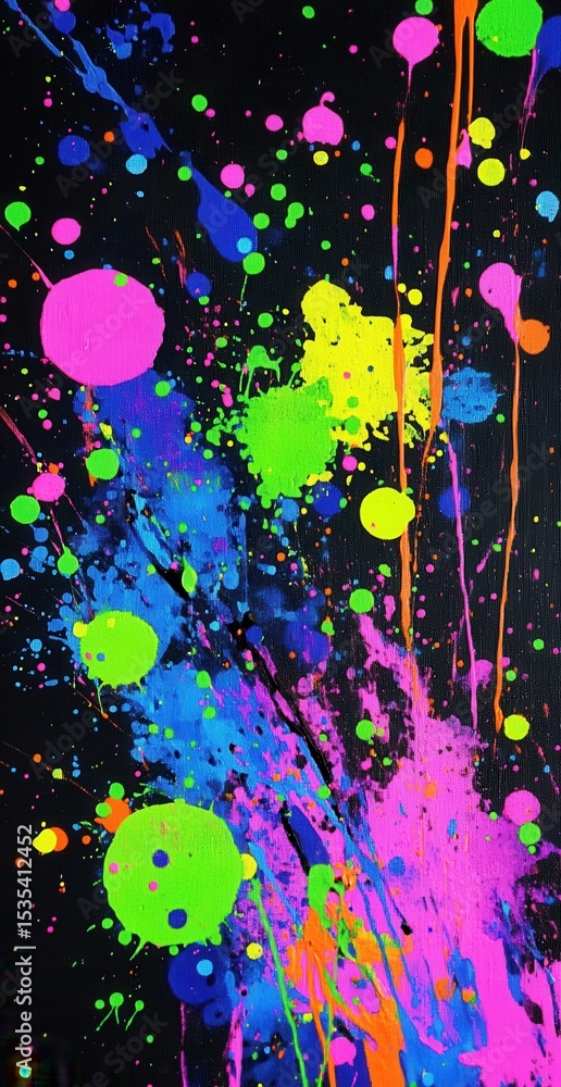 Poster A Vibrant Explosion of Colorful Paint Splatter on a Dark Background – A Captivating Display of Abstract Art with Vivid Hues and Dynamic Patterns