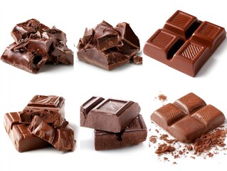 Obraz premium Collection of chocolate squares with glossy finish and nutty texture, gourmet treats featuring smooth and chunky variations isolated on white background