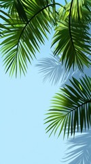 Lush Green Palm Leaves Silhouetted Against a Soft Blue Background, Creating a Tropical and Serene Atmosphere Perfect for Relaxation and Escape.