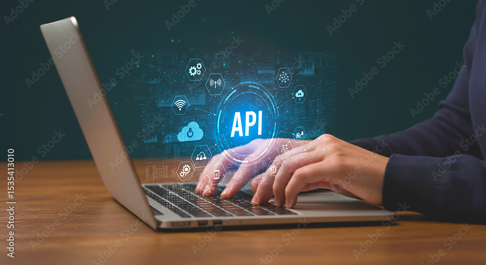 Poster person typing on laptop with api interface and cloud icons overlayed on a dark background scene