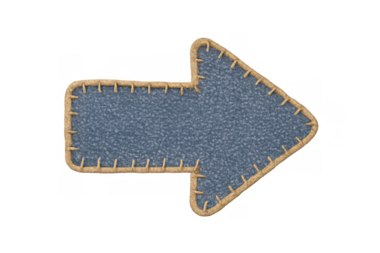 Textured denim arrow framed by rope stitching, transparent backdrop highlighting graphic design element with rustic charm