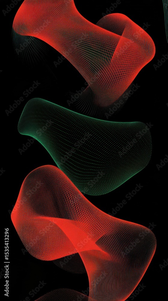 Poster dynamic abstract waves in red and green with a black background, capturing fluid motion and contempo