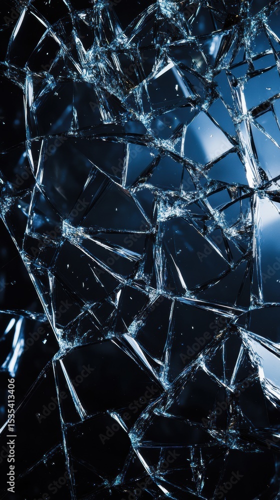 Poster intricate patterns of shattered glass reflecting light in dark surroundings, creating a captivating 