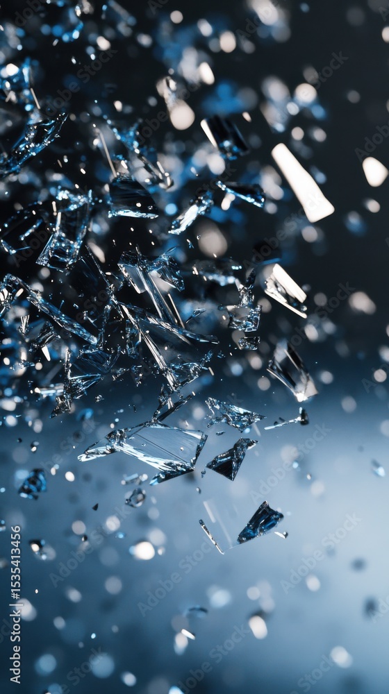 Poster a captivating study of shattered glass and reflected light, creating a dynamic display of fragments 