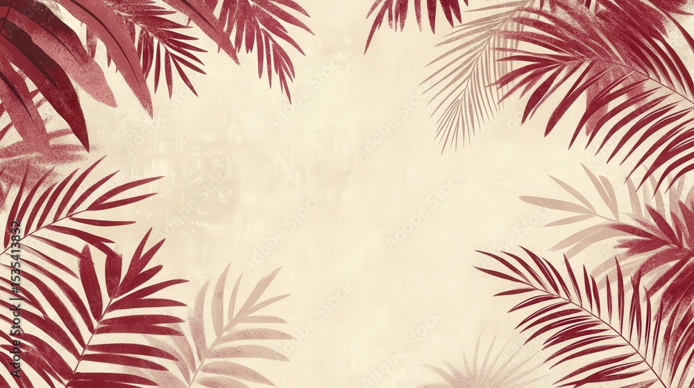 Poster Purplish-red ferns and palms create an inviting, lush backdrop, offering ample space for text overlay, adding depth and warmth to the design.