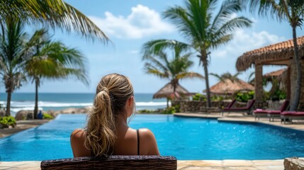 Reclining comfortably by a sparkling pool at a luxury beach resort, a young woman enjoys the serenity of the moment while taking in the stunning oceanfront views.