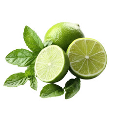 Fresh limes with mint leaves arranged on a white surface, showing whole and halved fruit, transparent background, cutout PNG