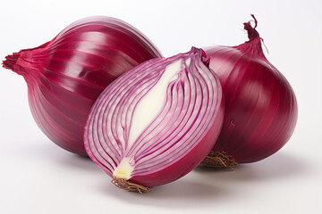 Two whole red onions and a halved purple onion, with the top and bottom visible on a white background.